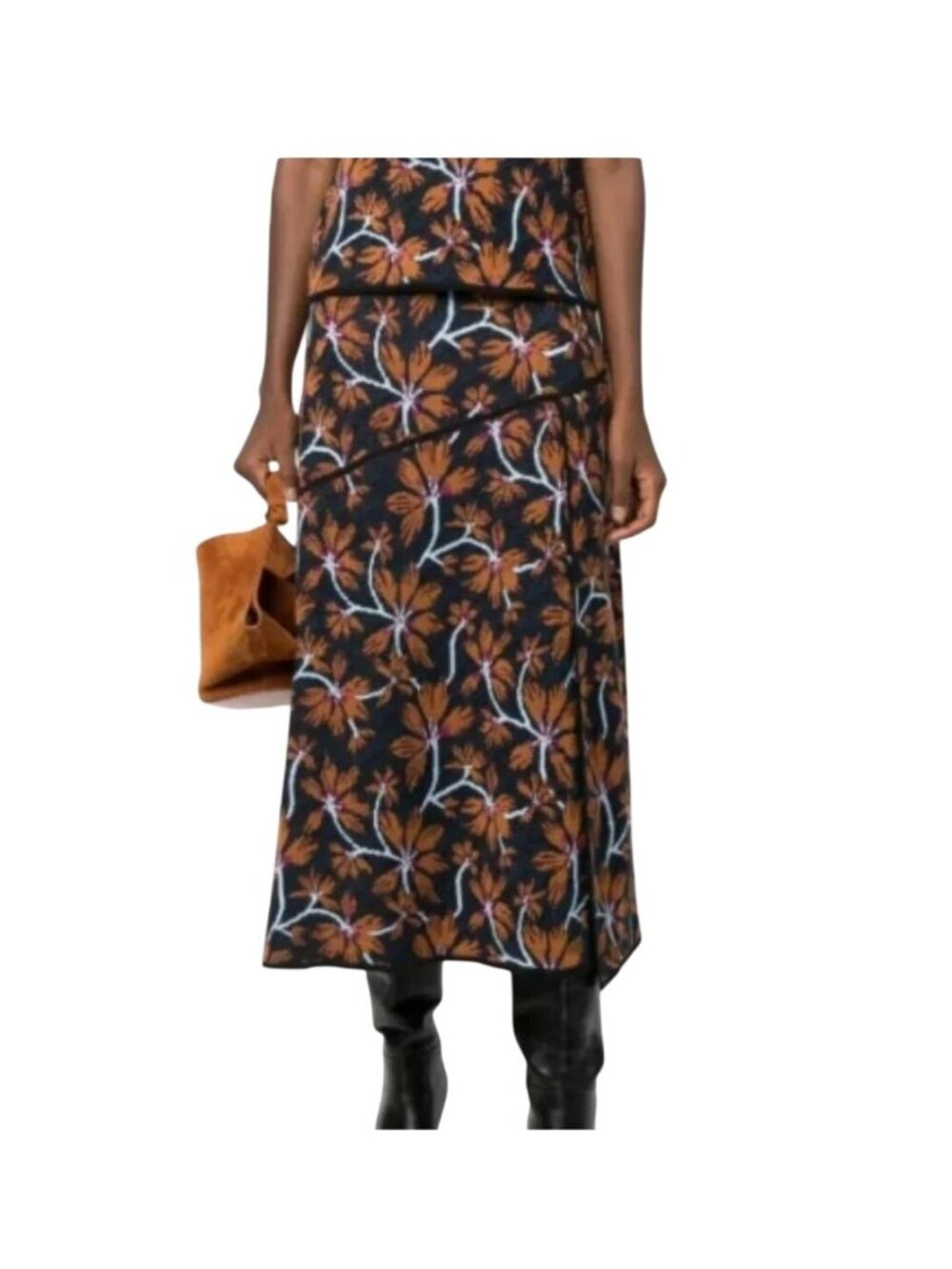 Ulla Johnson Sabra Piped Jacquard Knit Midi Skirt Navy/Orange Floral Print - Siz